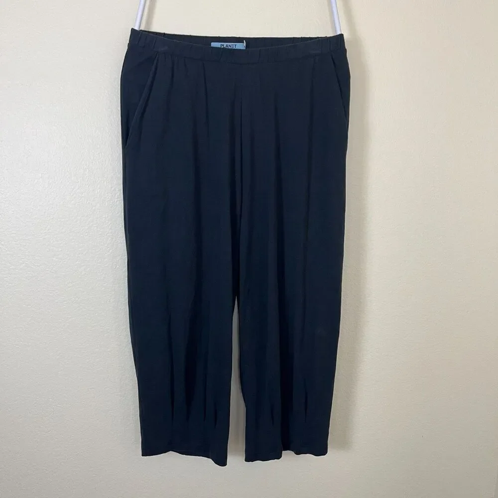 PLANET by Lauren G Women Size 3 Black Pleat Pima Cotton Barrel Jersey Knit Pant